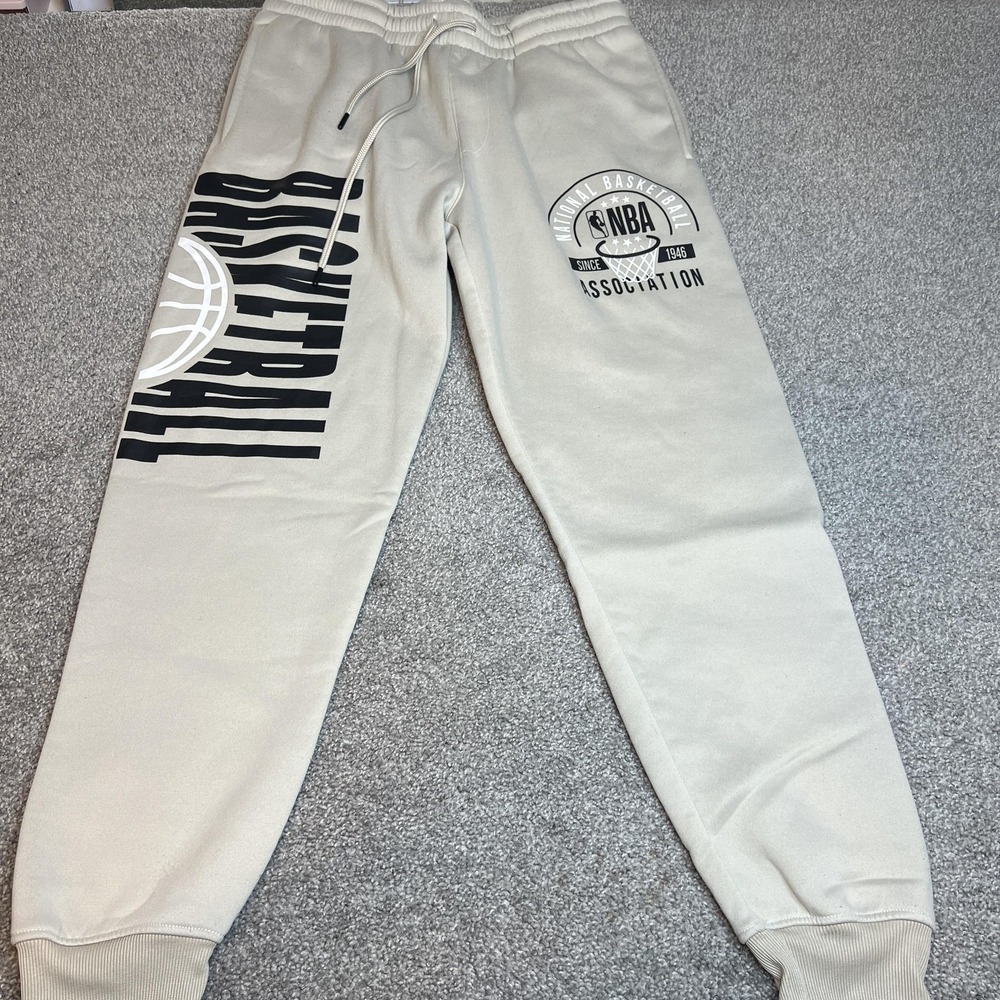NBA Sweatpants Joggers Mens Large Tan Basketball Graphic Fleece Poly Pants